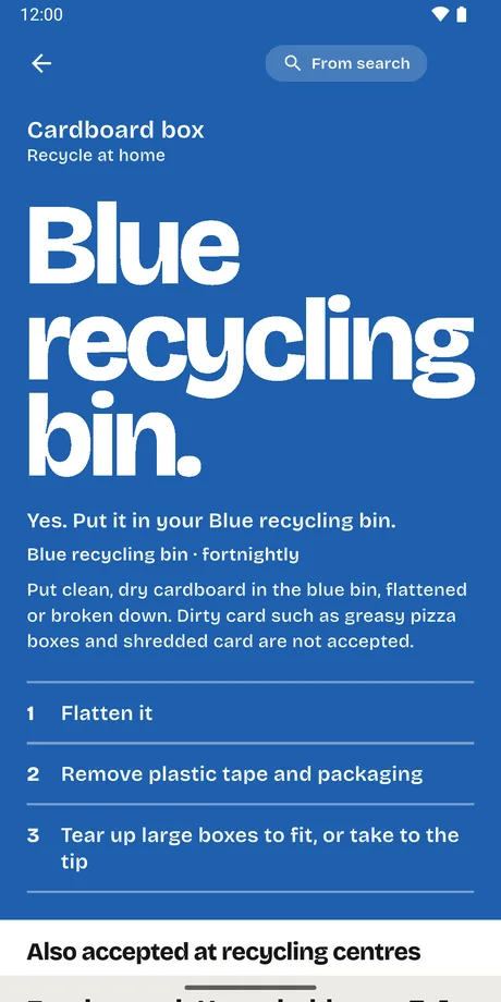 The app's answer for a cardboard box: Blue recycling bin, with Hart's note and three tips.