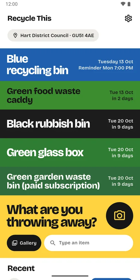 The app's home screen: Hart District Council's bins with their next collection days, a reminder, and a search field.