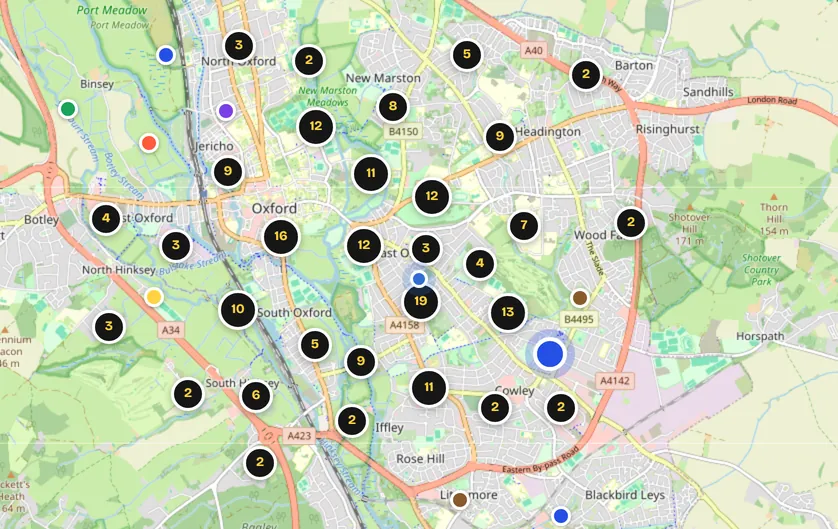 Example map of recycling places in Oxford